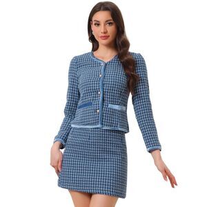 Suit Set 2 Piece Outfits Plaid Tweed Short Blazer and Skirt Blue